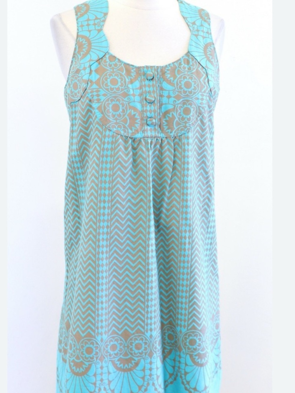 Anna Sui for Anthropologie Turq and Brown Floral Chevron Sleeveless Dress Top - Picture 3 of 7